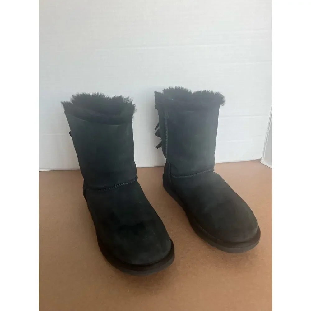 UGG Bailey 2954 Black Suede Bow II Shearling Mid Calf Water-Repellent Boots Sz 6